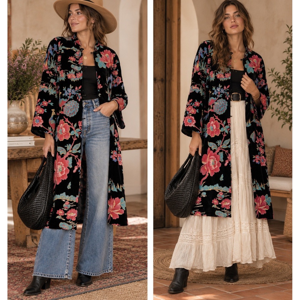 Citron Santa Monica Velvet Floral Bird Asian Kimono Duster Silk Rayon Black L
